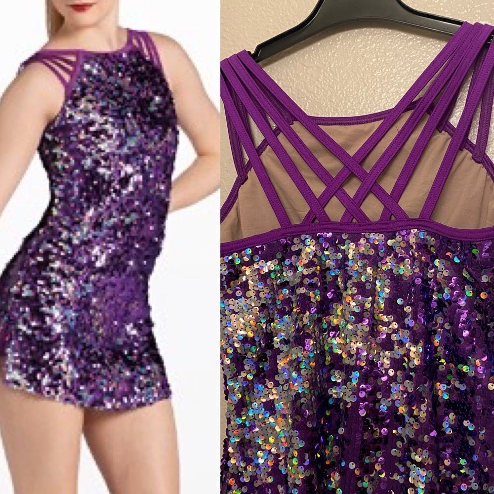 WEISSMAN Dance Costume purple sequin Hologram Sparkle shift Dress D12149 LC/XLC